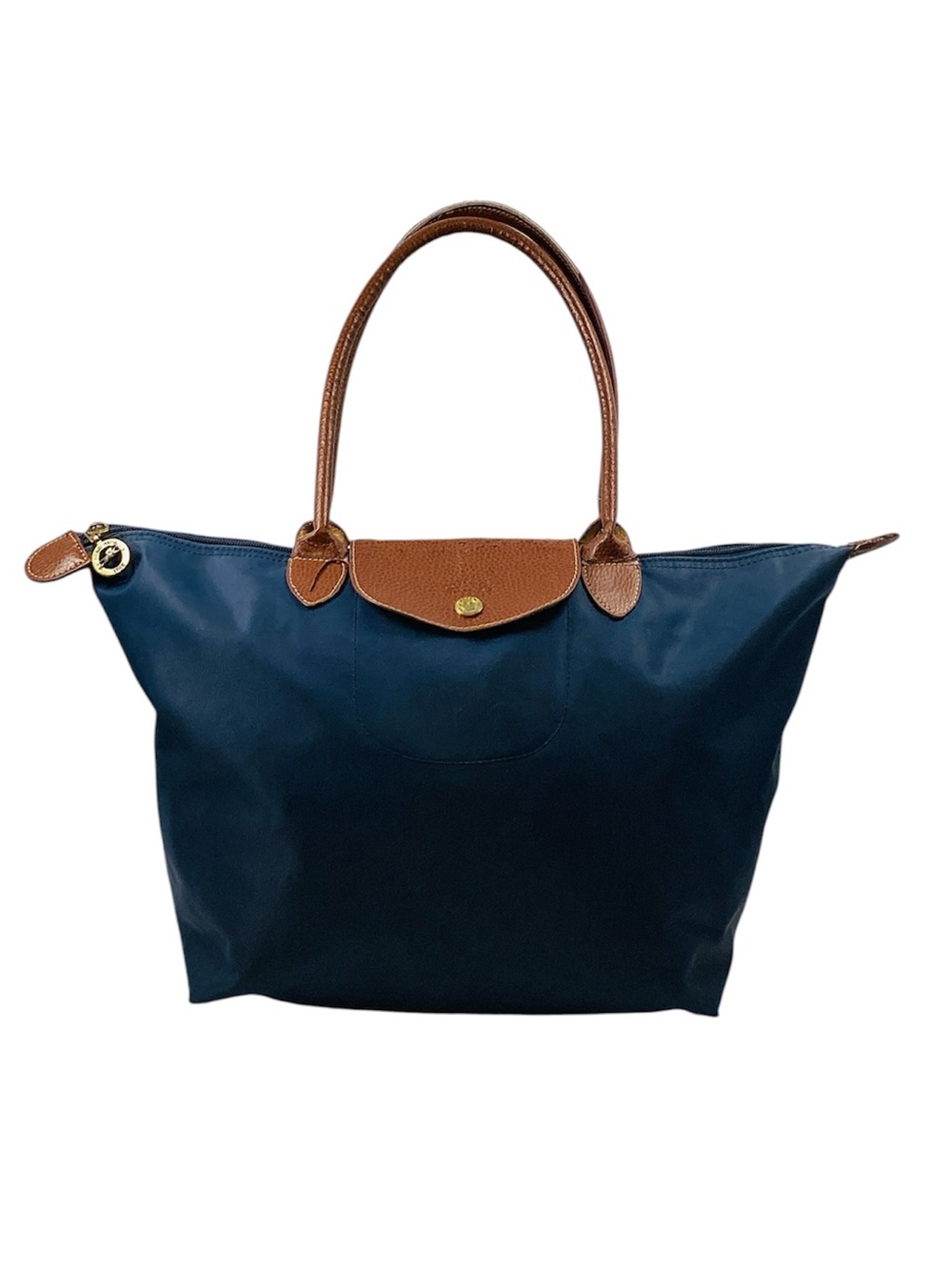 🐵 Long champ Classic Navy Tote Bag with Brown Trim